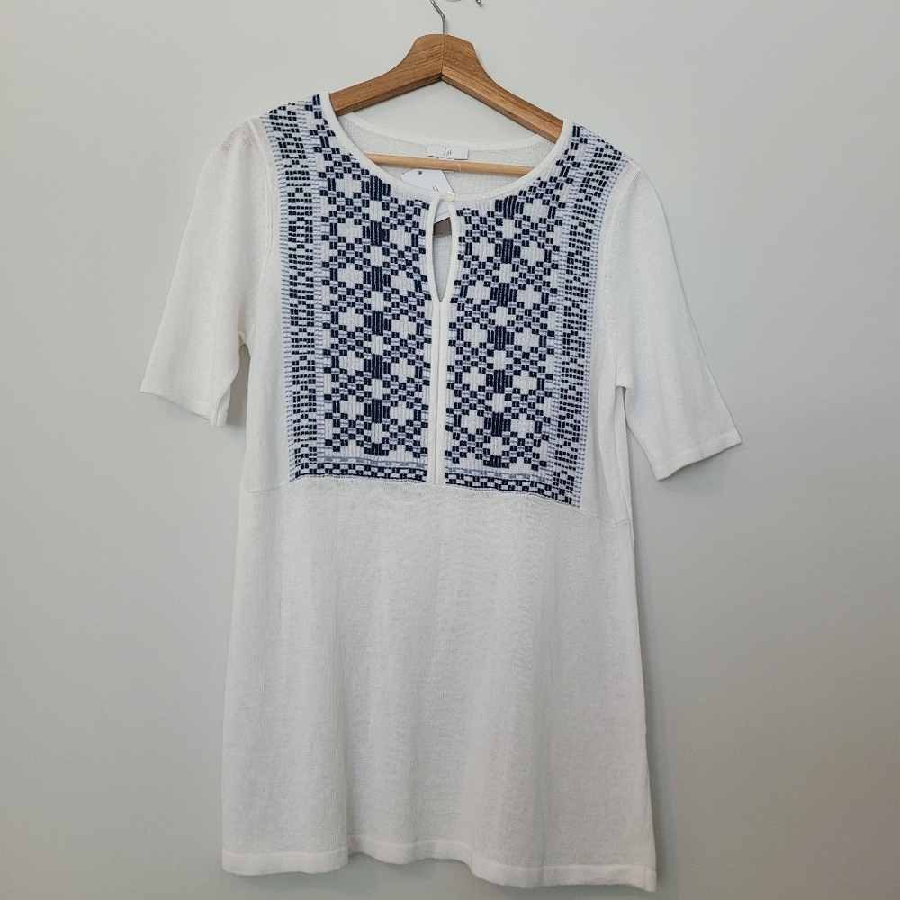 J. Jill women's linen blend Size Small Knit Tunic Top white Blue Short Sleeve